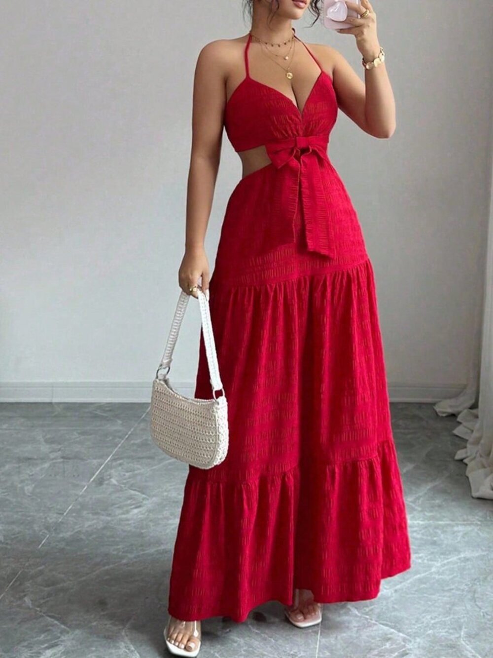 Red Sexy Women's Elegant Hollow Out Bowknot Long Dress